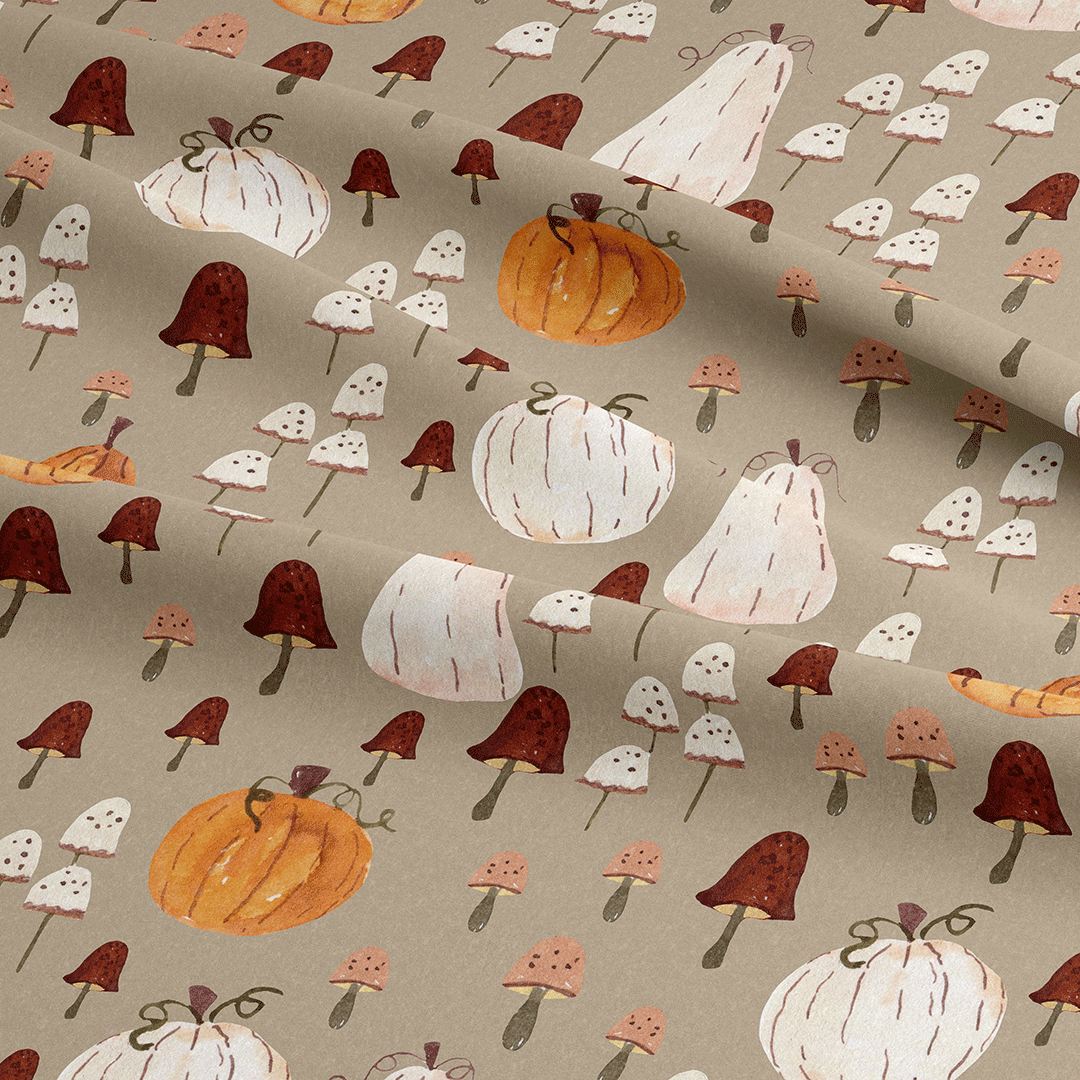 Mushrooms And Pumpkins Fabric For Outdoor Cushions, Dressmaking, Crafts 