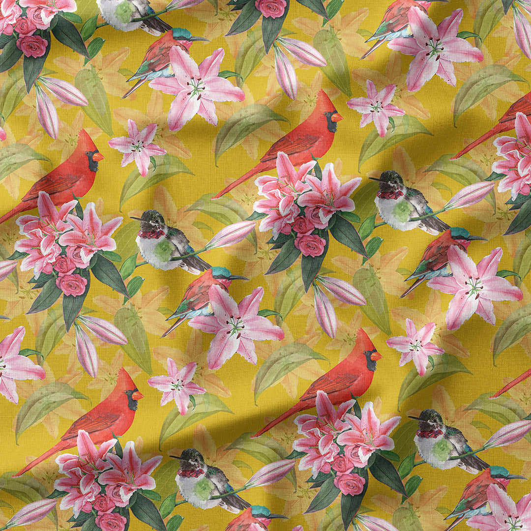 Birds On Mustard Fabric for Outdoor Cushions, Dressmaking, Crafts ...