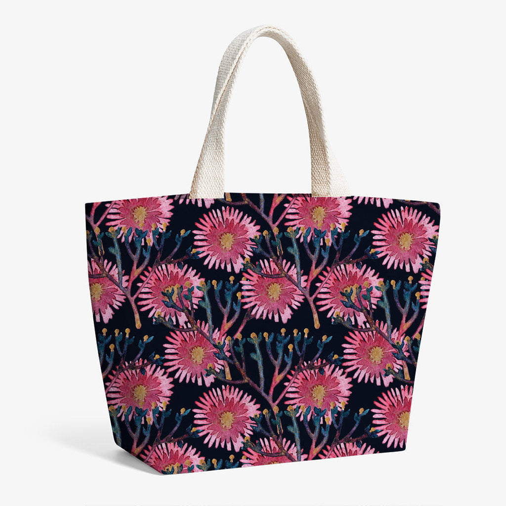 Pink Flowers on Navy Fabric