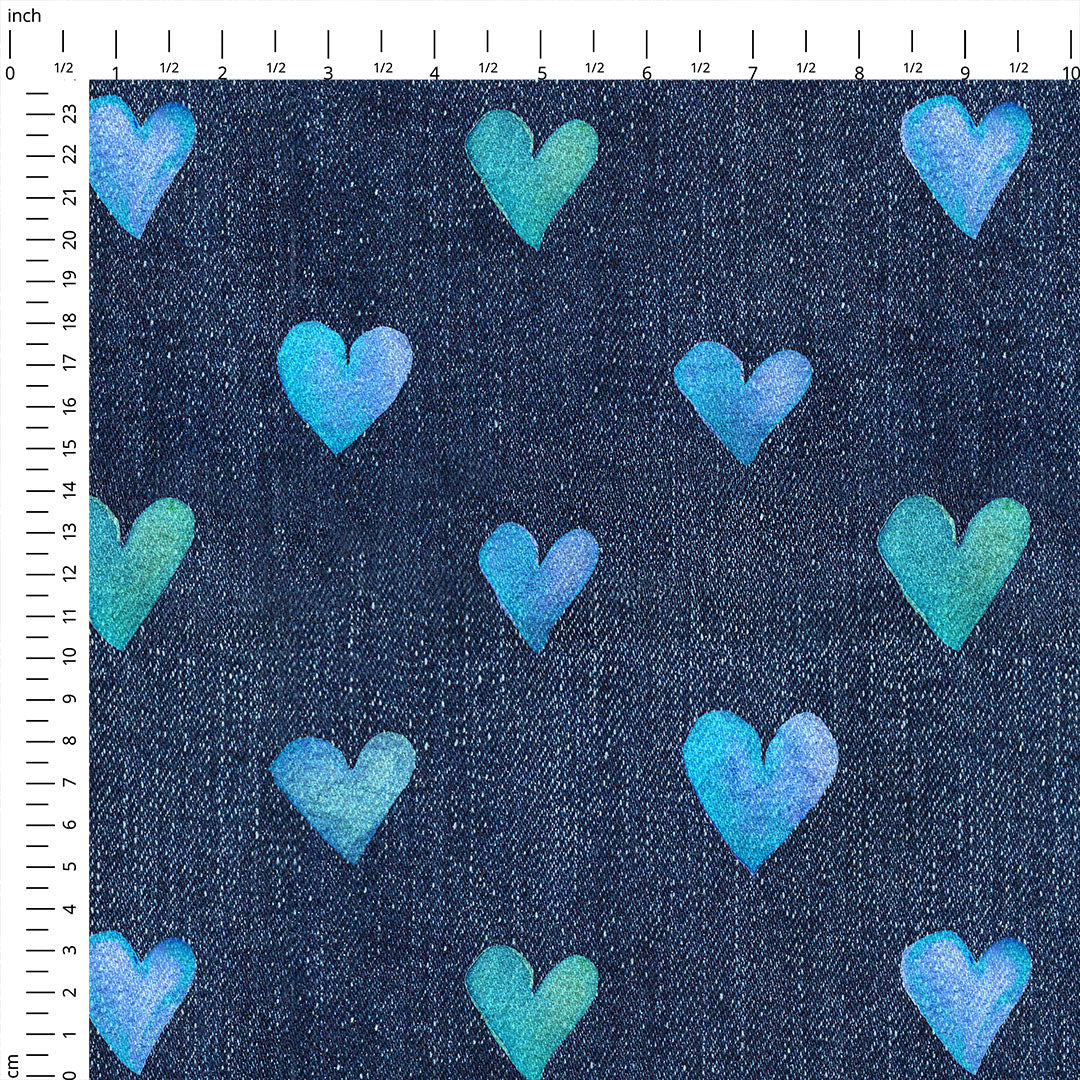 Blue Hearts on Denim Fabric