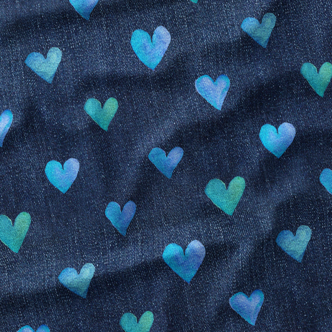 Blue Hearts on Denim Fabric