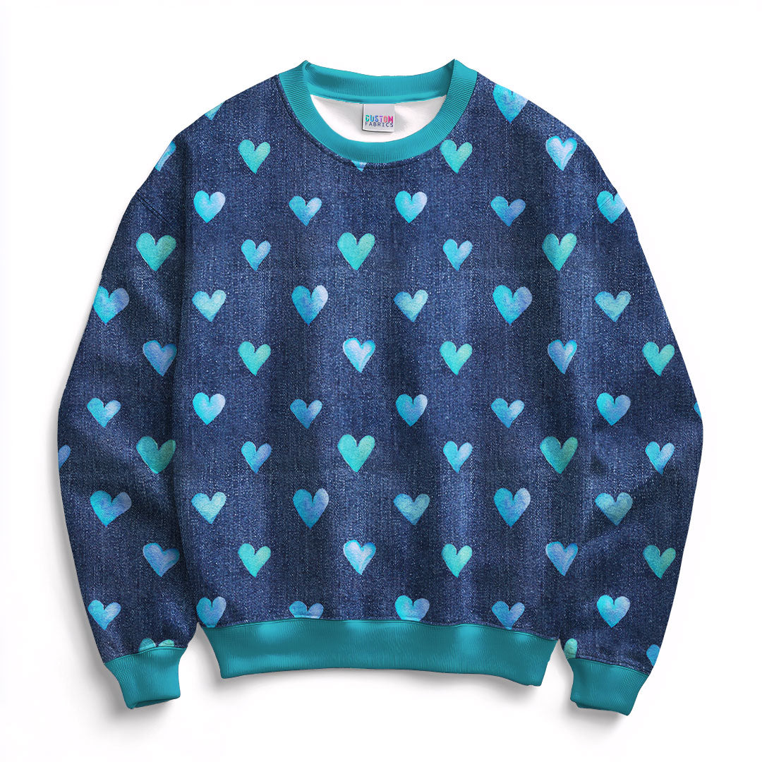 Blue Hearts on Denim Fabric