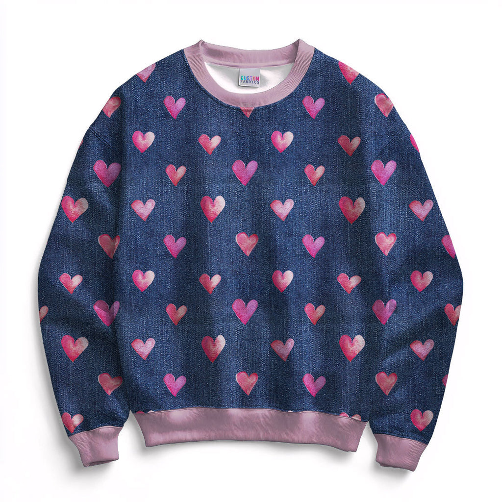 Pink Denim Hearts Fabric