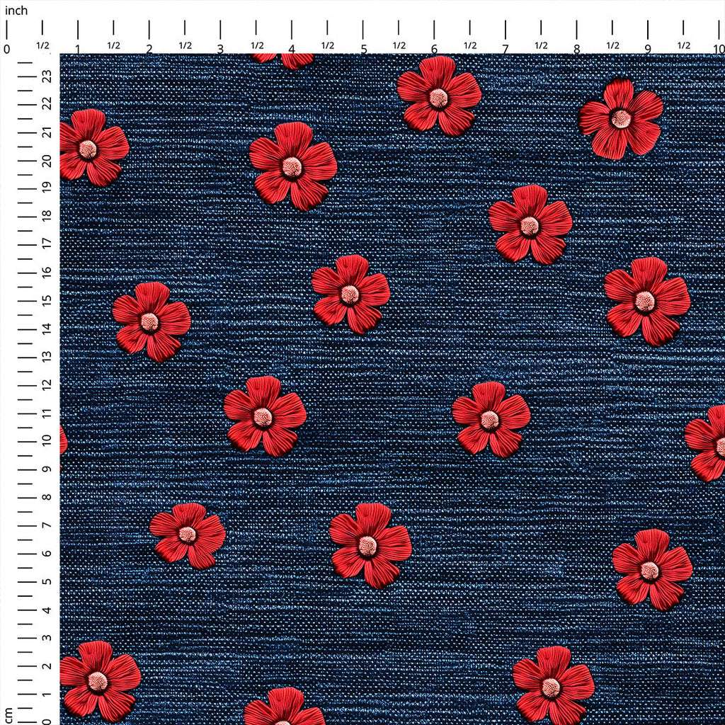 Red Flowers on Denim Fabric
