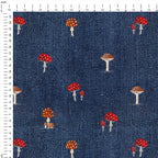 Tiny Mushrooms on Denim Fabric