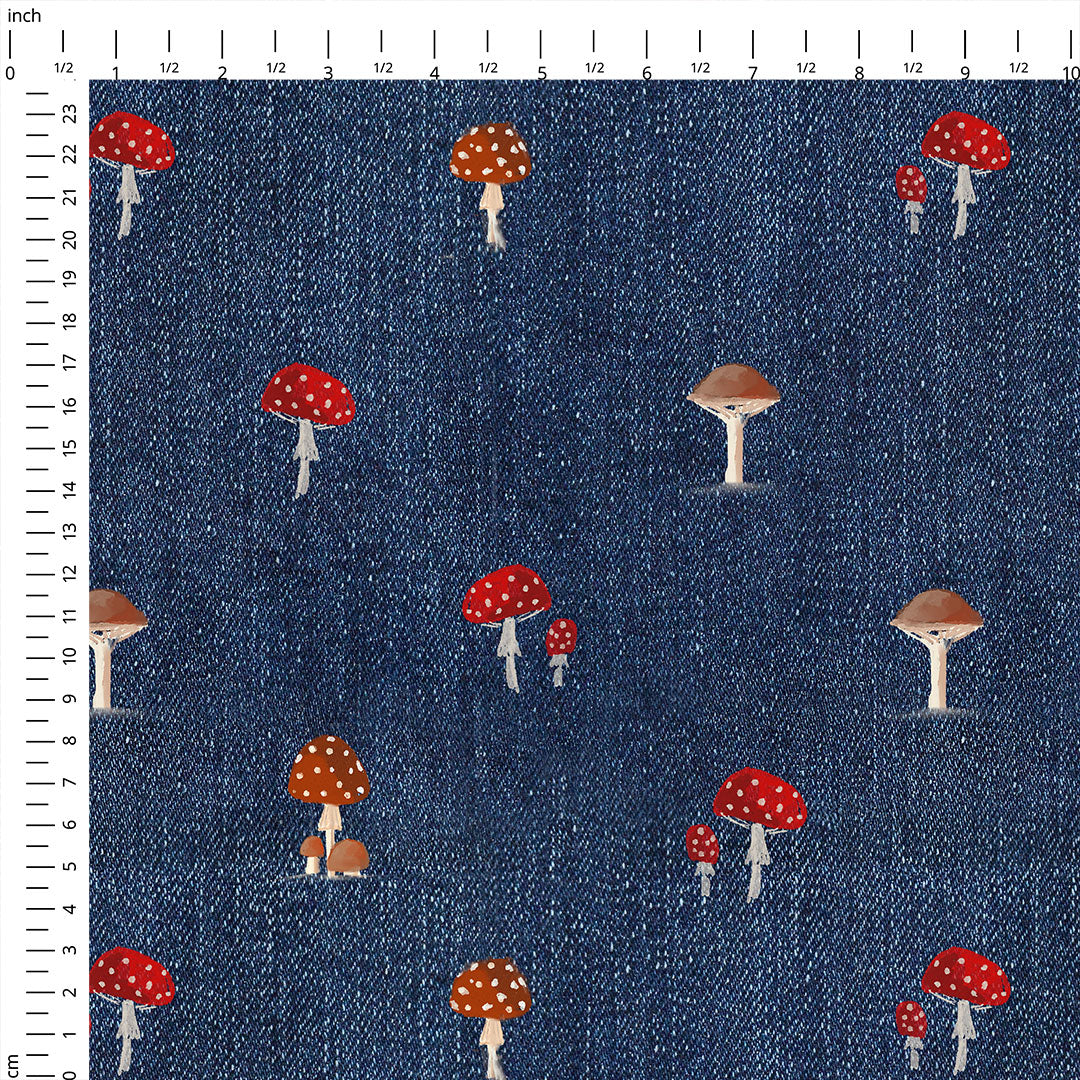 Tiny Mushrooms on Denim Fabric