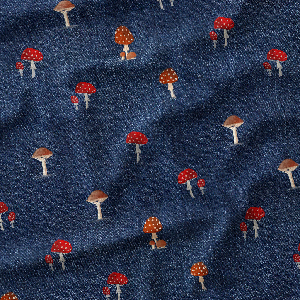Tiny Mushrooms on Denim Fabric