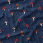 Tiny Mushrooms on Denim Fabric
