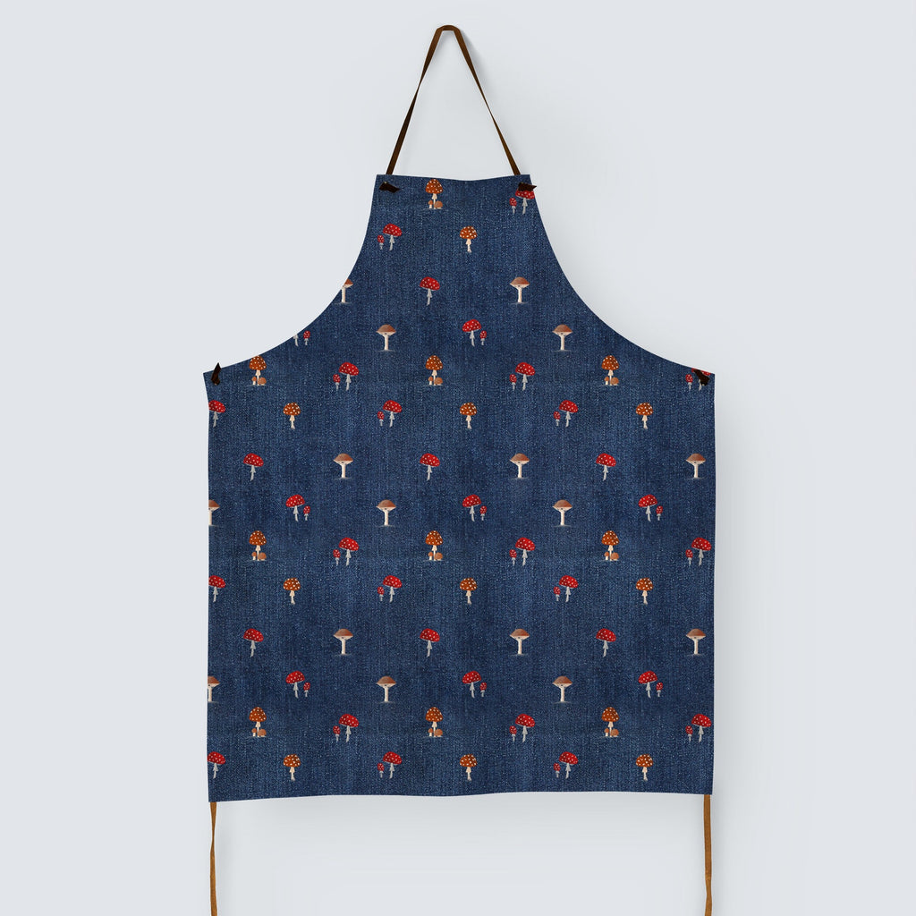 Tiny Mushrooms on Denim Fabric