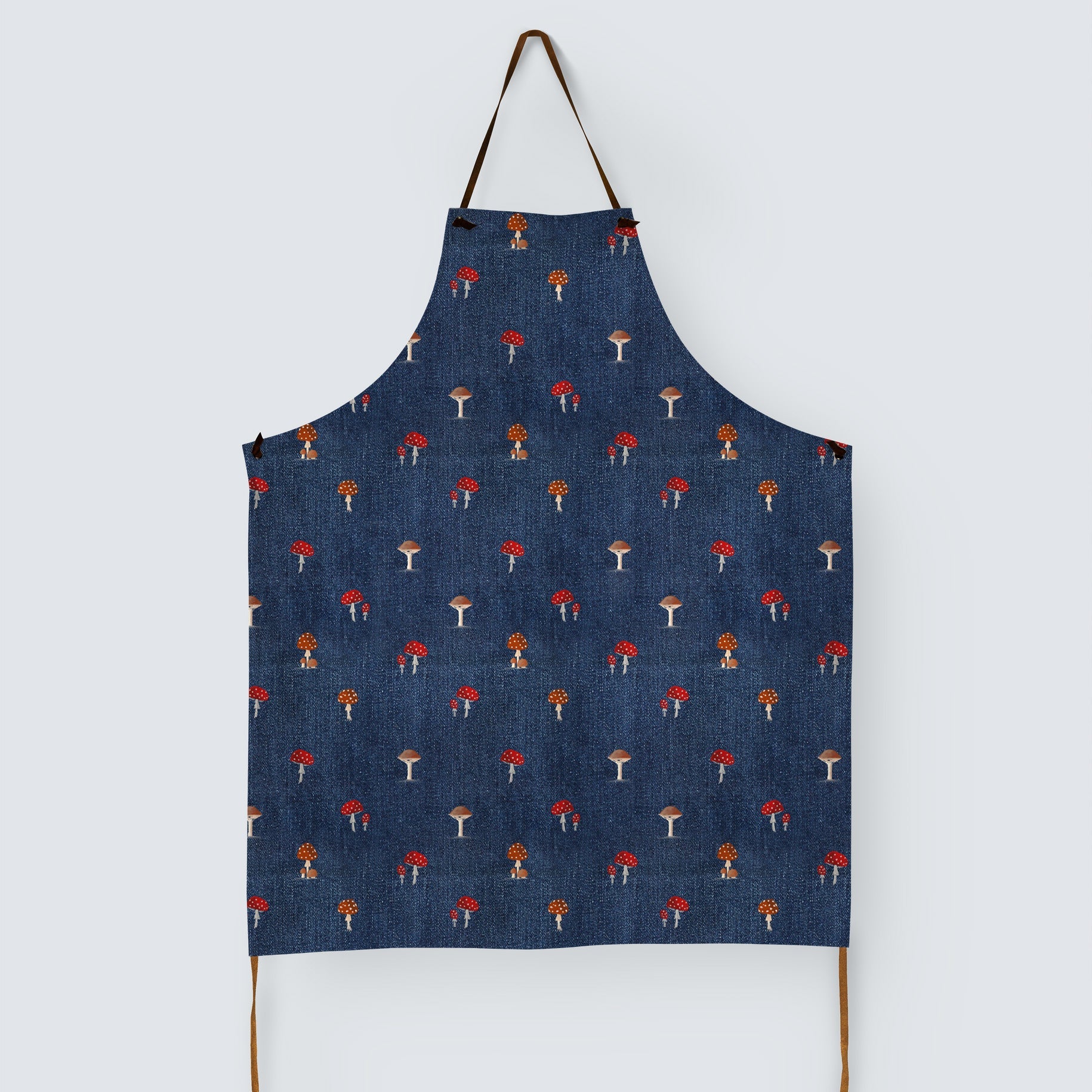 Tiny Mushrooms on Denim Fabric