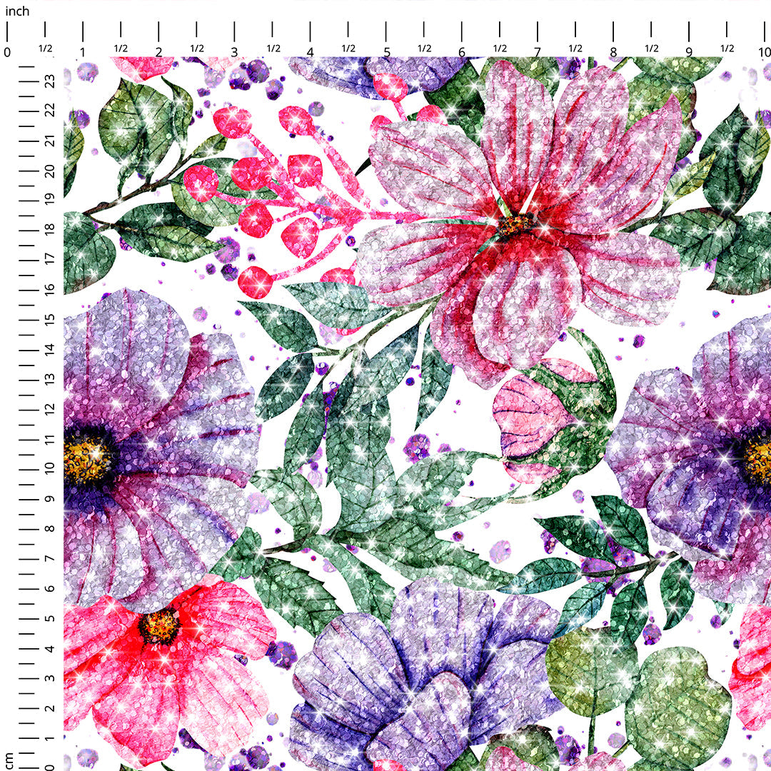 Glitter Flowers on White Fabric