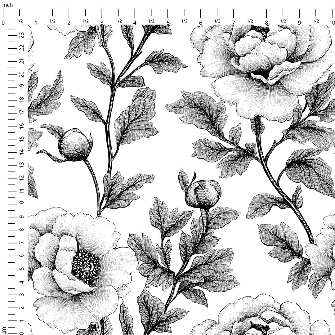 Sketched Black Peonies Fabric