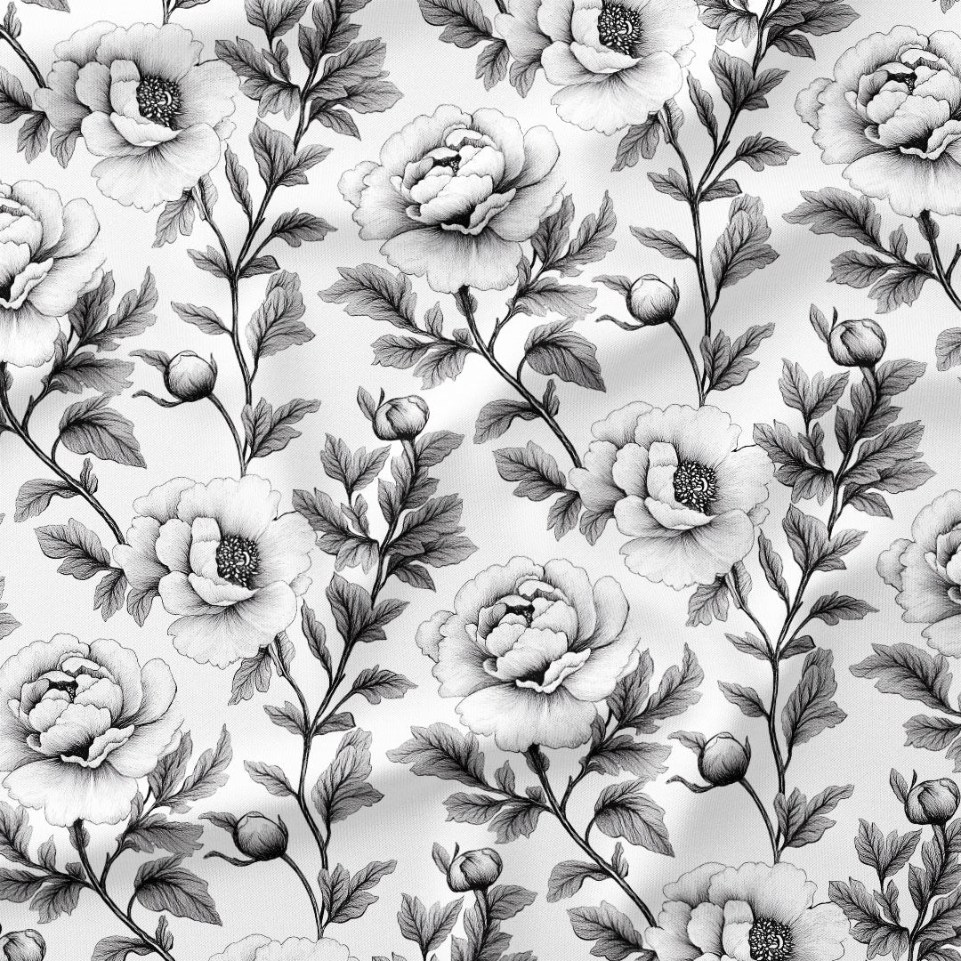 Sketched Black Peonies Fabric