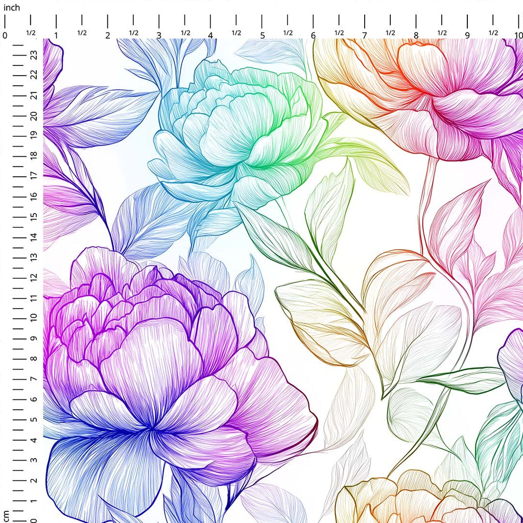 Sketched Rainbow Peonies Fabric