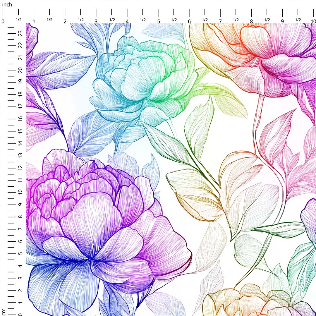 Sketched Rainbow Peonies Fabric