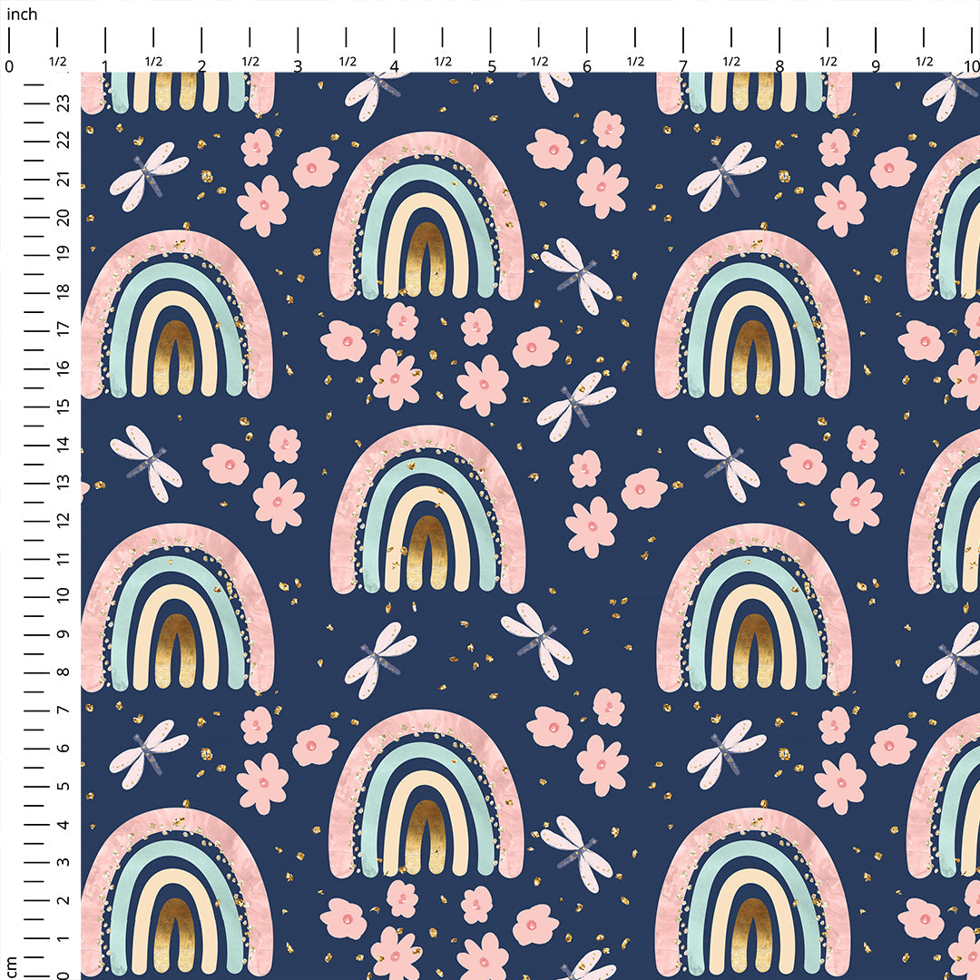 Rainbows and Flowers Navy Fabric
