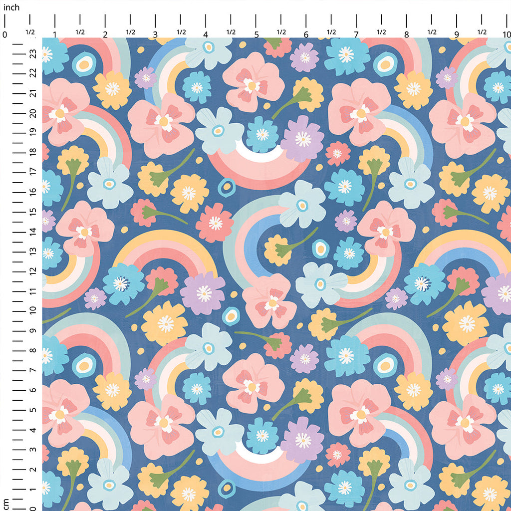 Rainbows and Flowers Blue Fabric