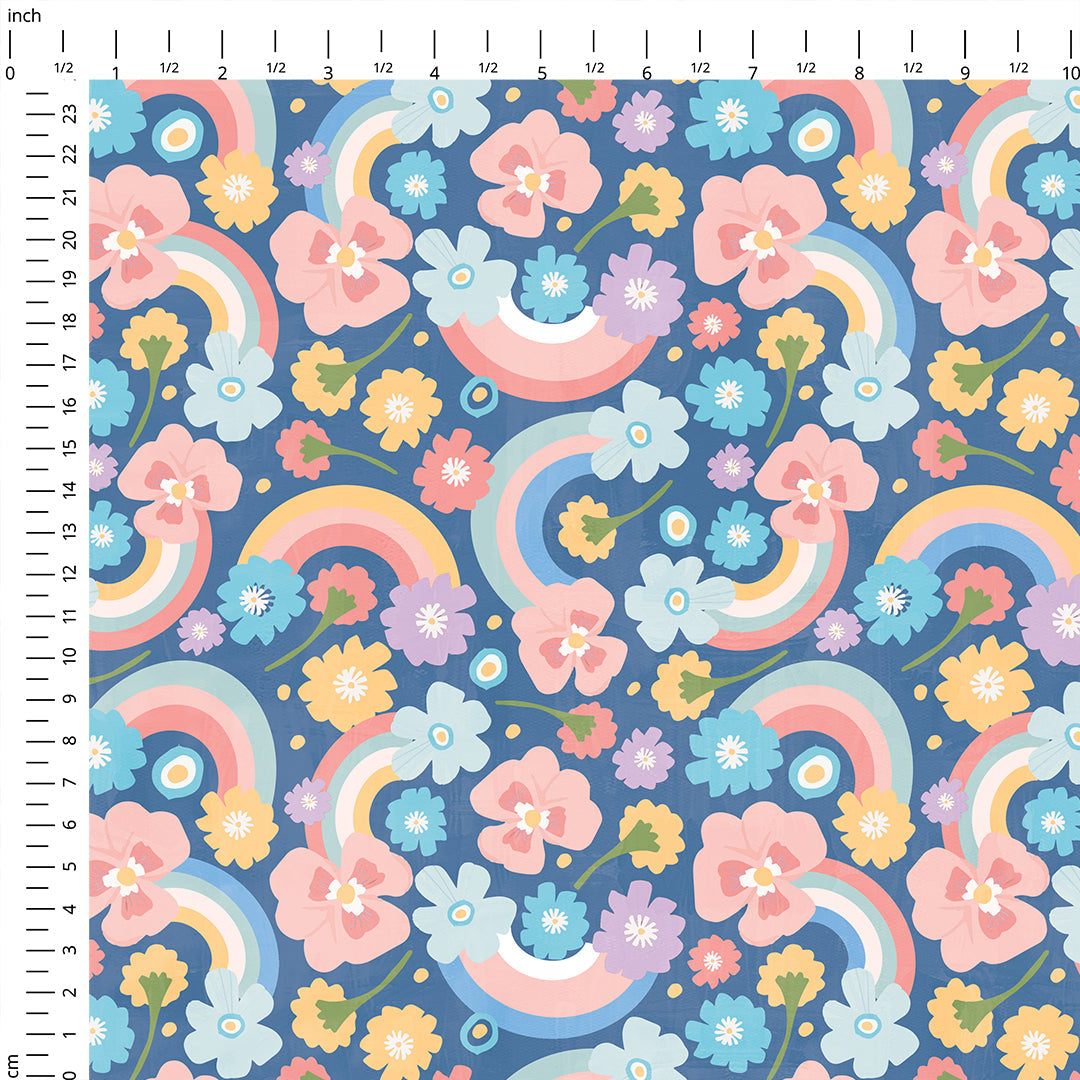 Rainbows and Flowers Blue Fabric
