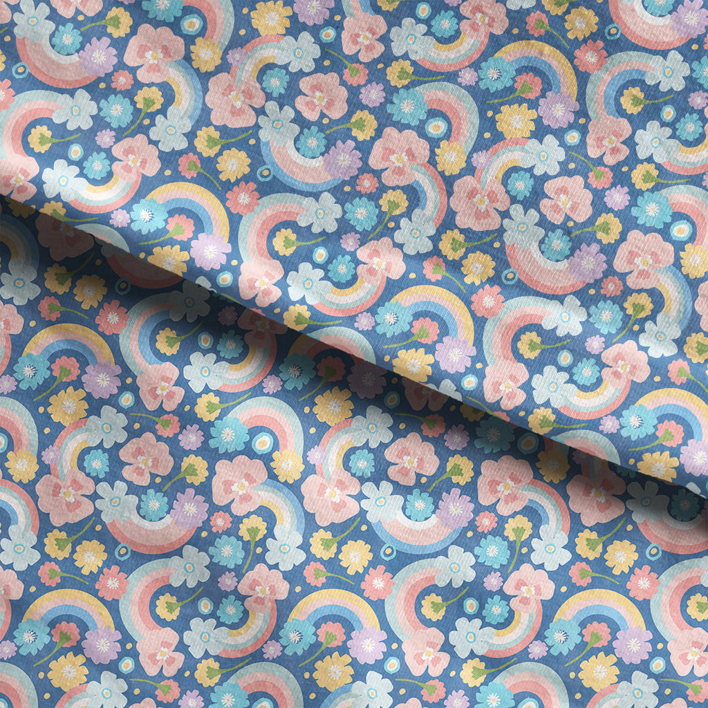 Rainbows and Flowers Blue Fabric