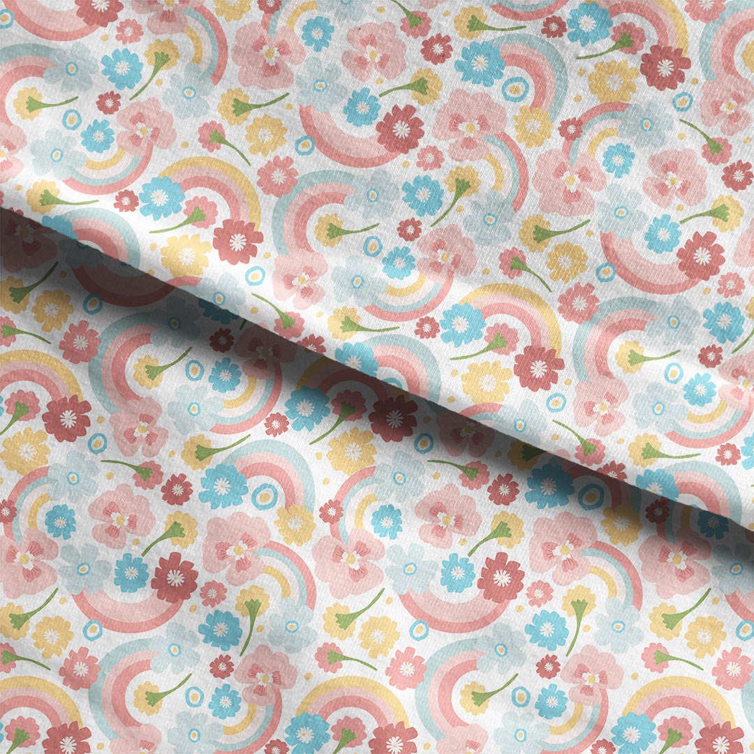 Rainbows and Flowers White Fabric
