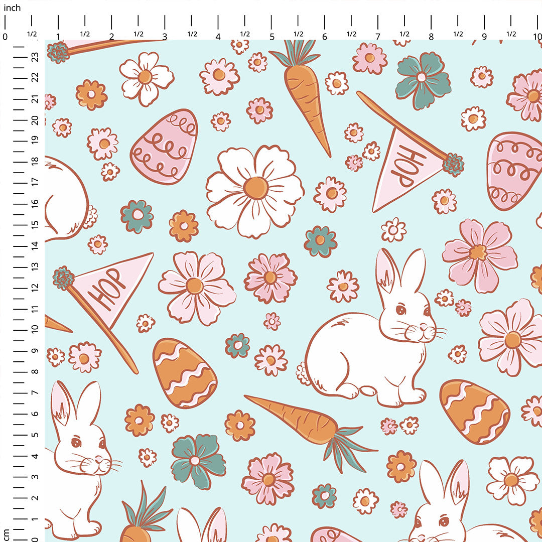 Boho Easter Bunny Blue Fabric