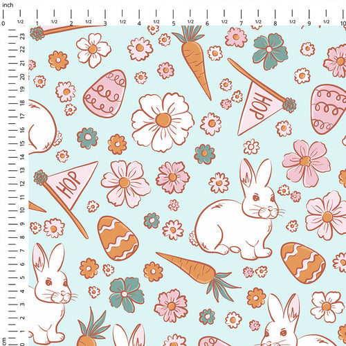 Boho Easter Bunny Blue Fabric