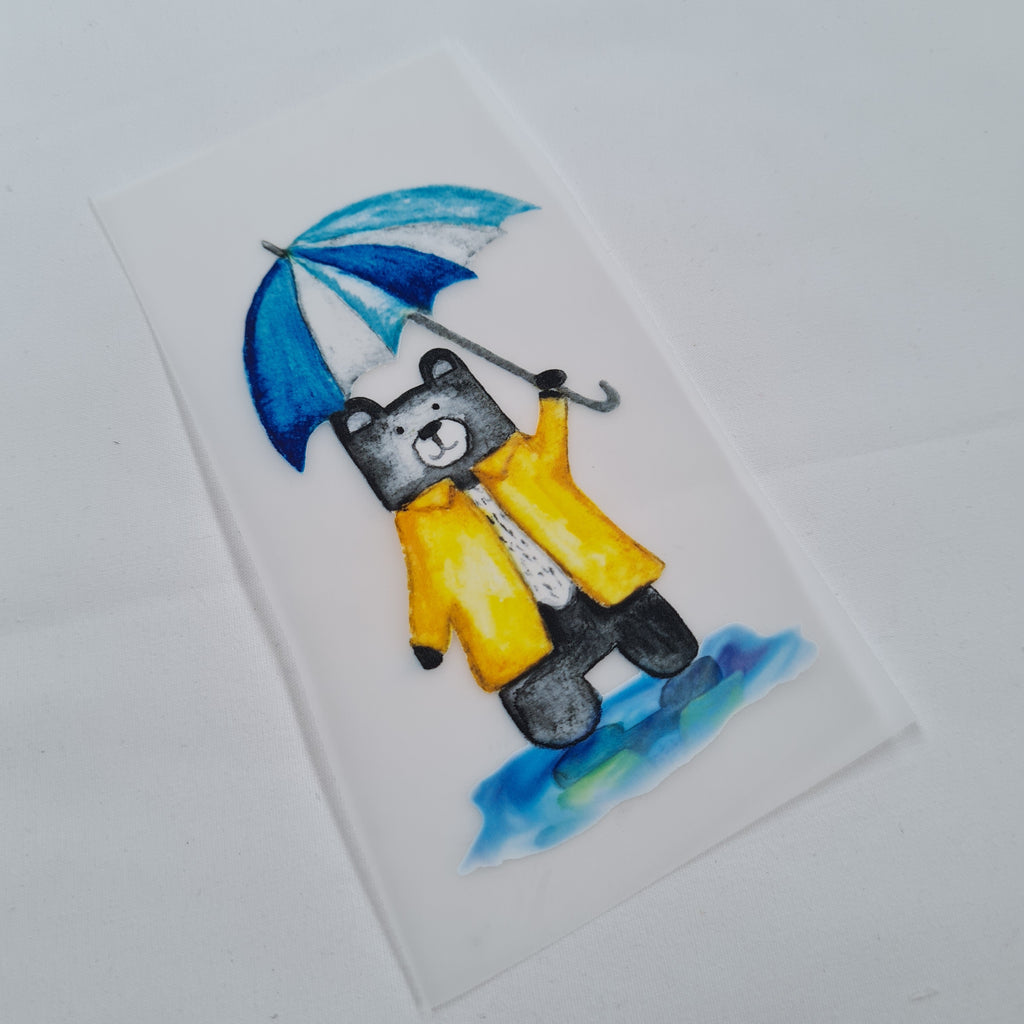 Teddy with Blue Umbrella Iron on fabric heat transfer DTF-43