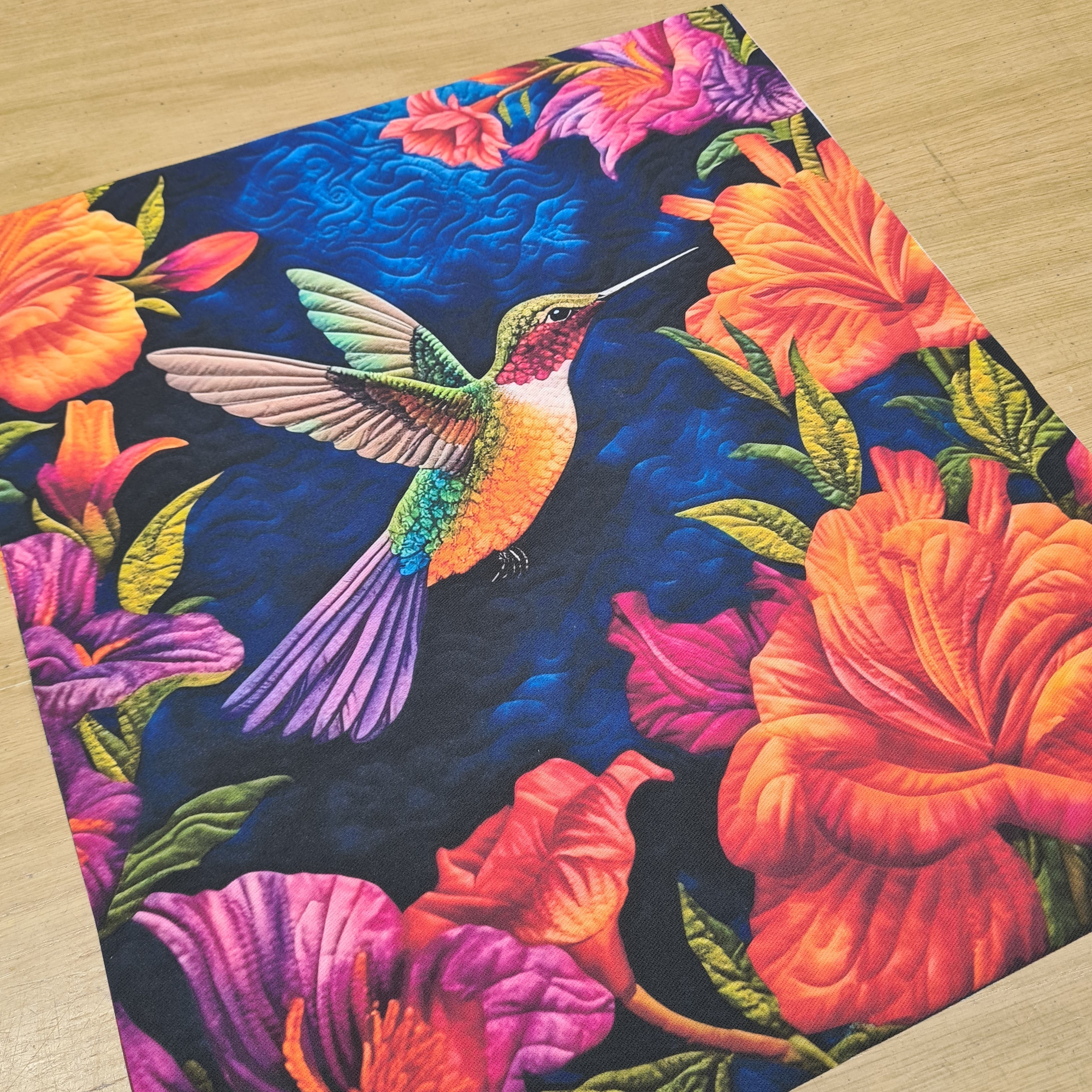 TOTE Quilted Hummingbird Blue Fabric Bag Panel