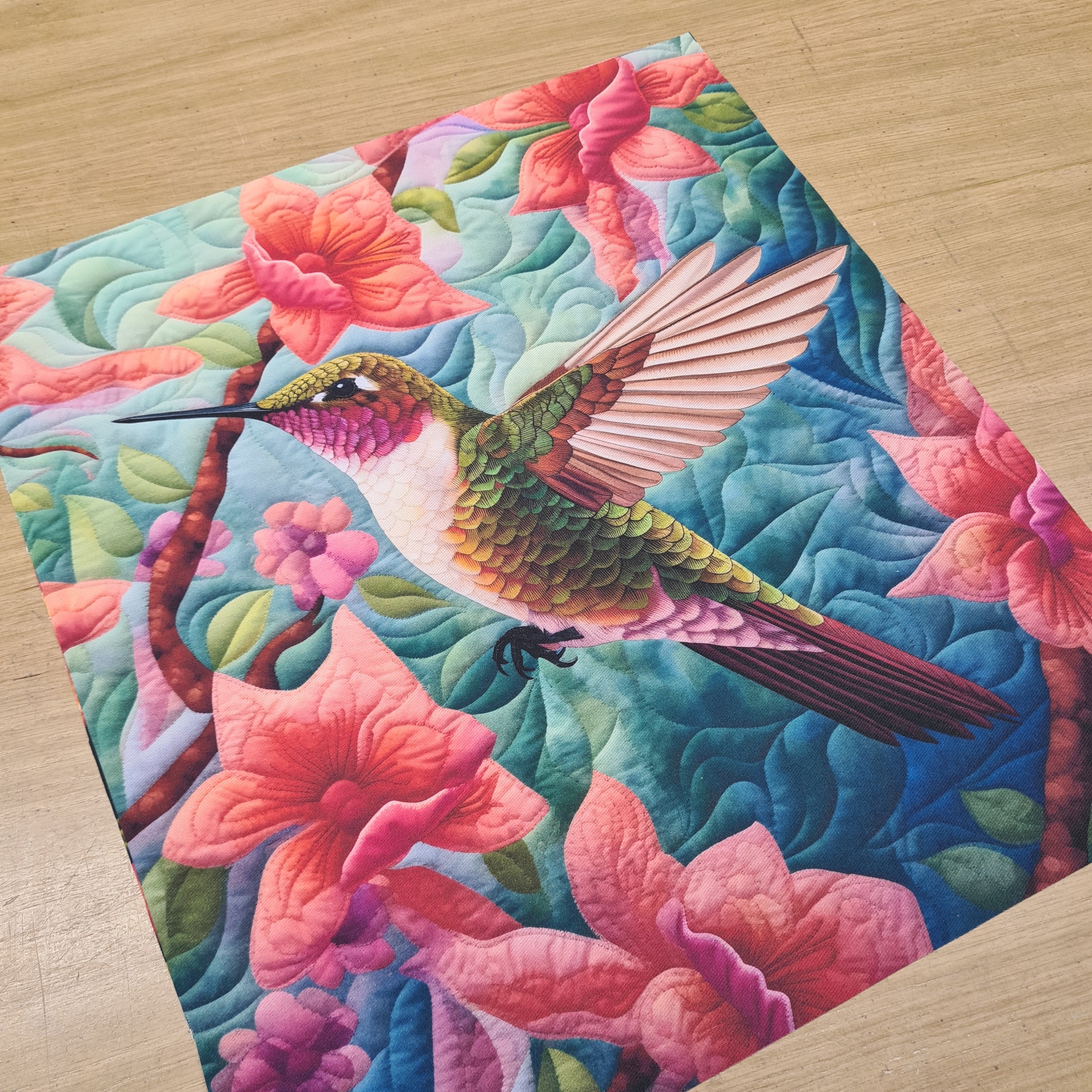 TOTE Quilted Hummingbird Green Fabric Bag Panel
