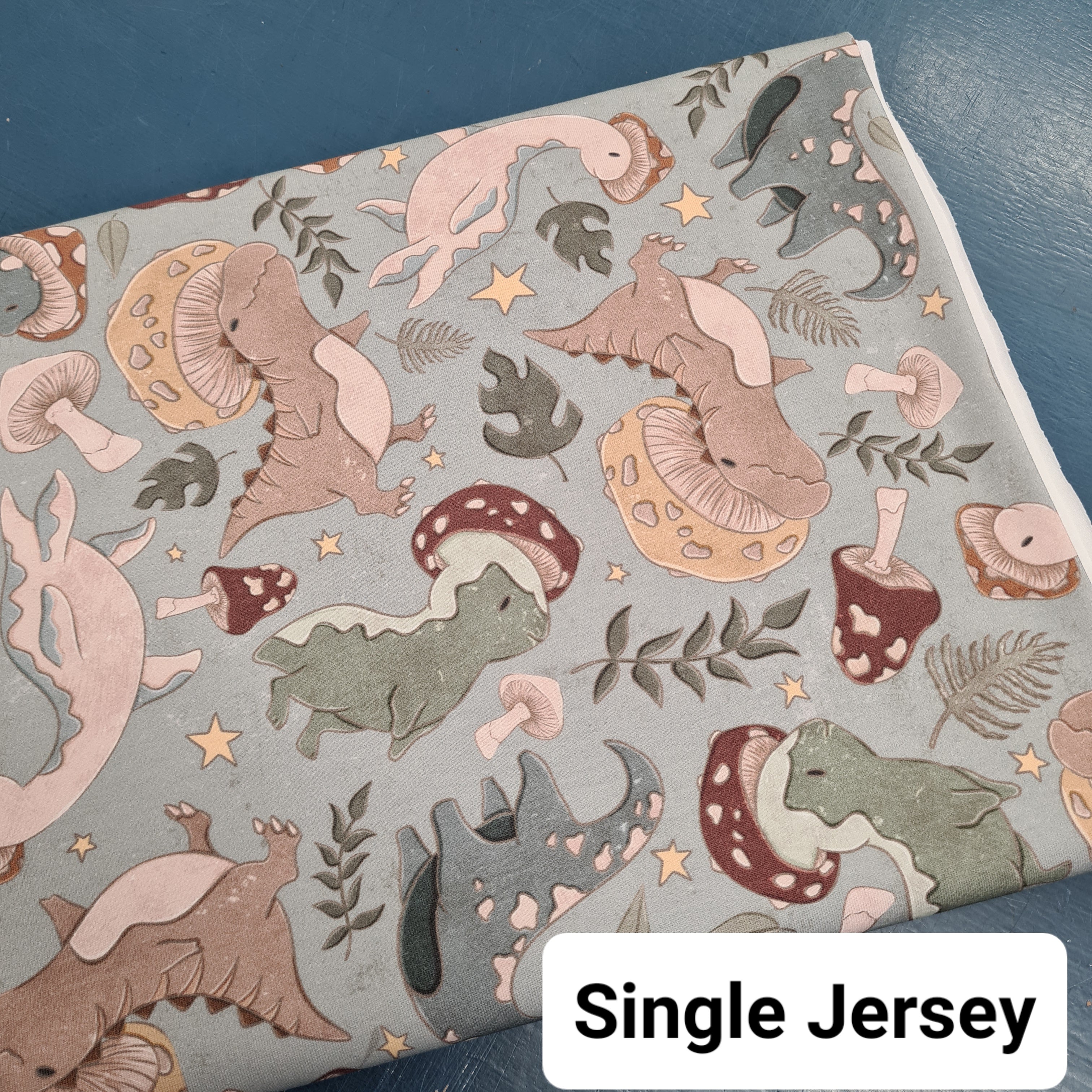 Cottagecore Dino Shrooms Blue Fabric