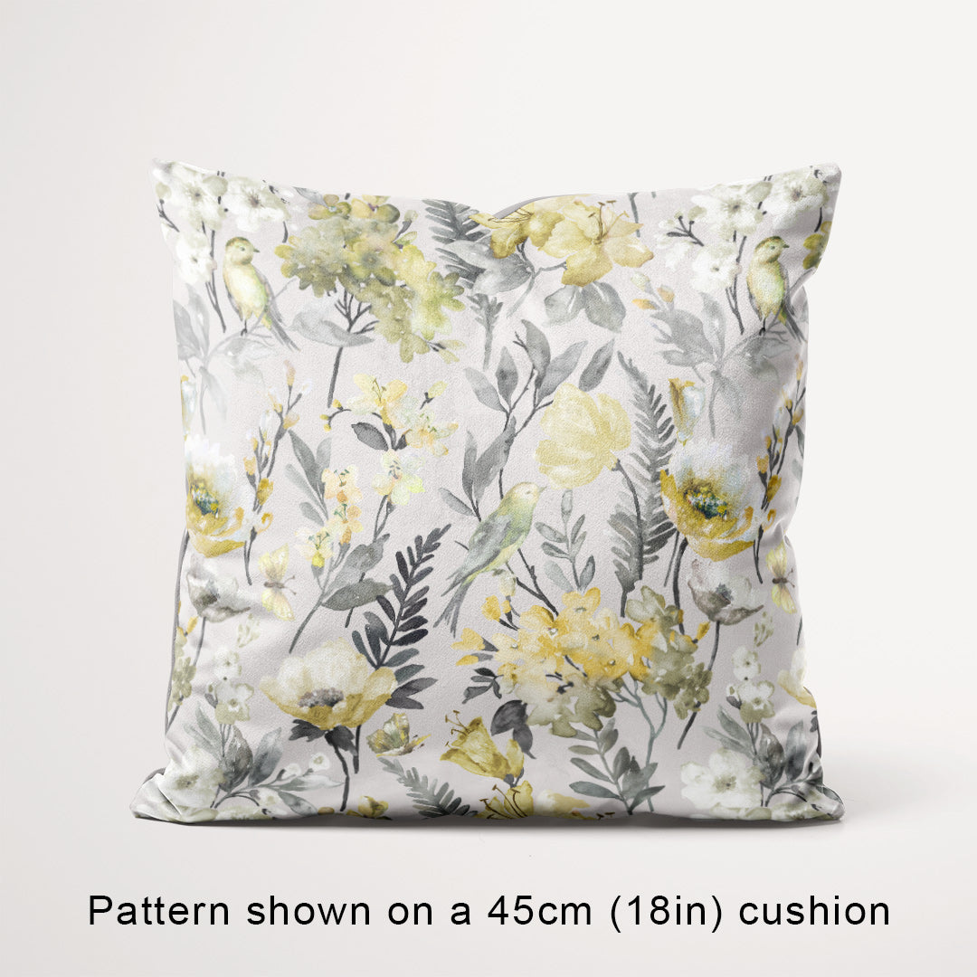 Birds & Butterflies Grey Yellow floral fabric, 45cm view