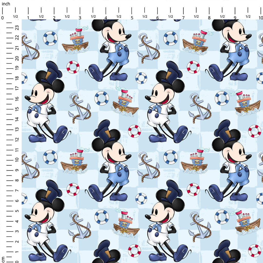 Steamboat Willie Cartoon Blue Checks Fabric