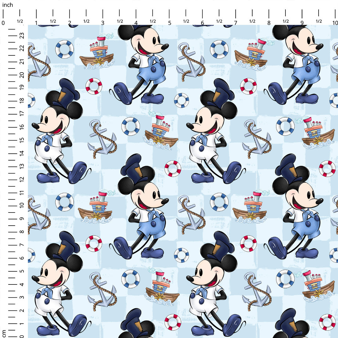 Steamboat Willie Cartoon Blue Checks Fabric