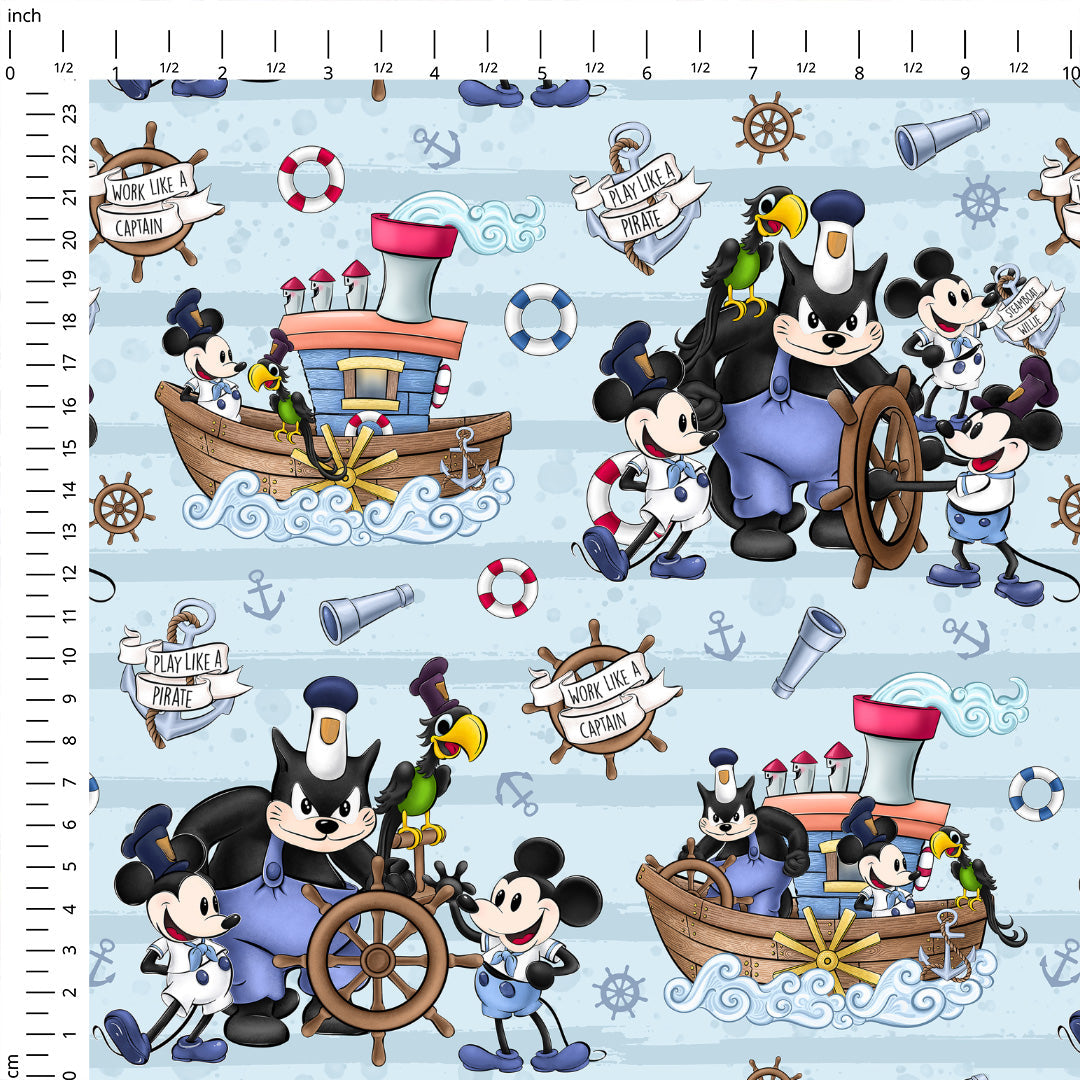 Steamboat Willie Ship Blue Stripes Fabric