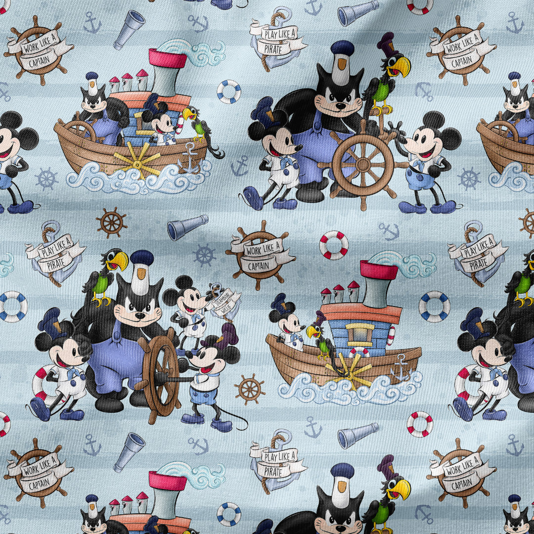 Steamboat Willie Ship Blue Stripes Fabric