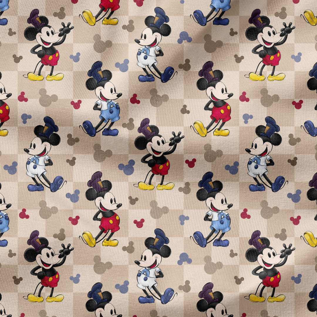 Steamboat Willie Cartoon Beige Checks Fabric