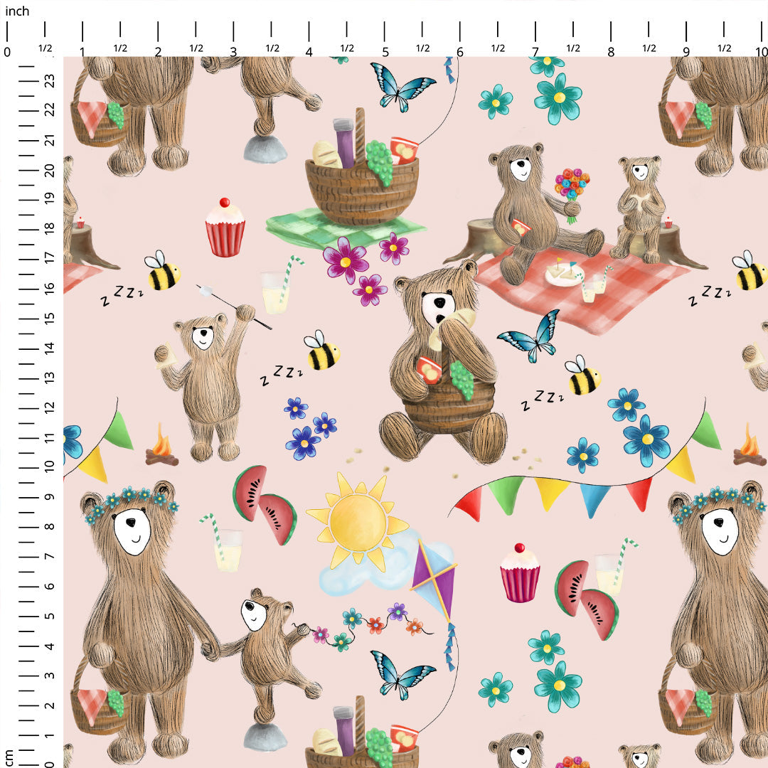 Bear Picnic Pink Fabric