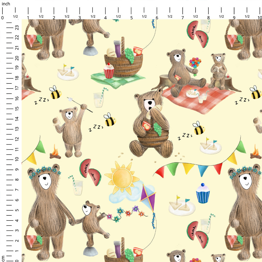 Bear Picnic Yellow Fabric