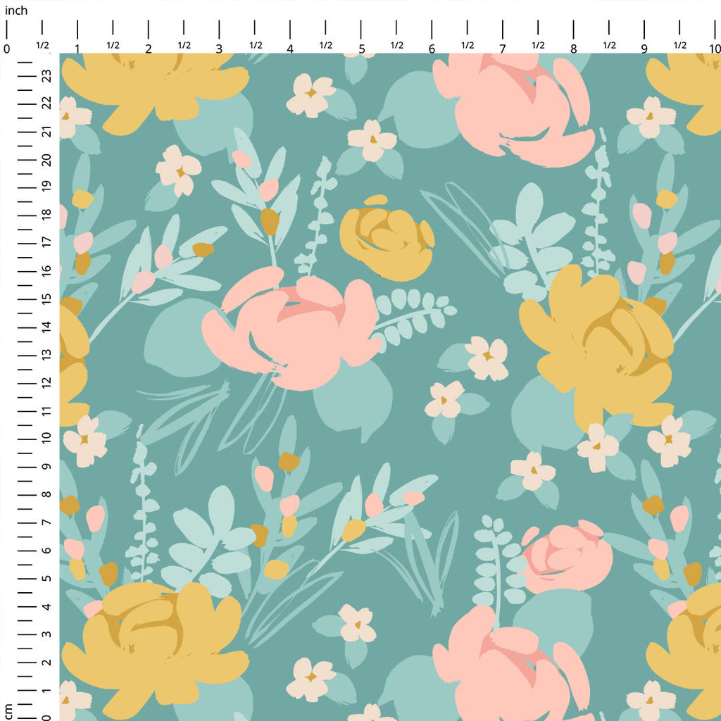 Easter Flowers Teal Fabric