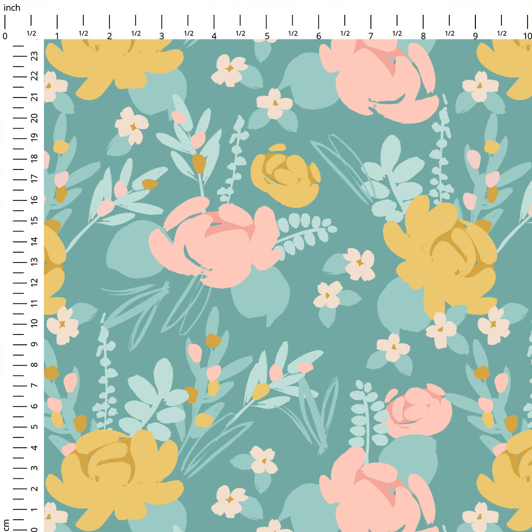 Easter Flowers Teal Fabric