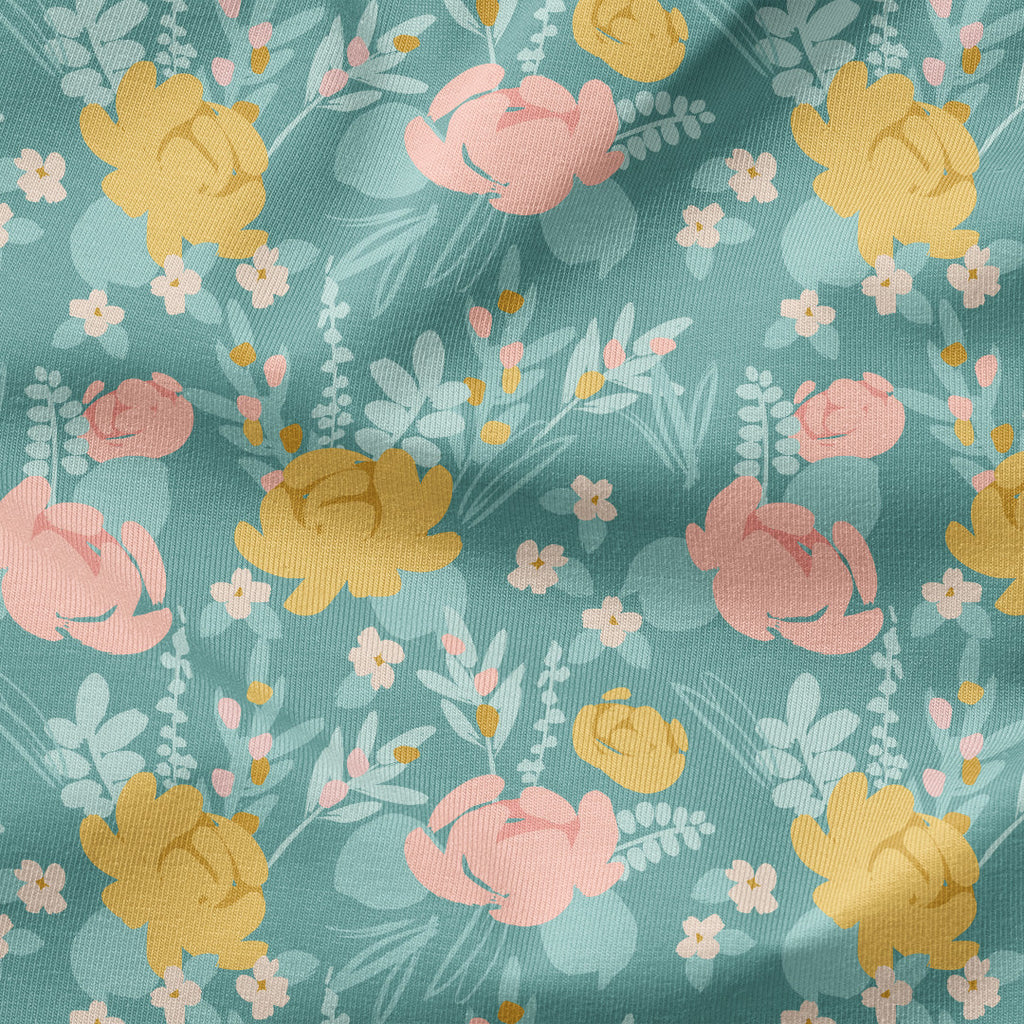 Easter Flowers Teal Fabric