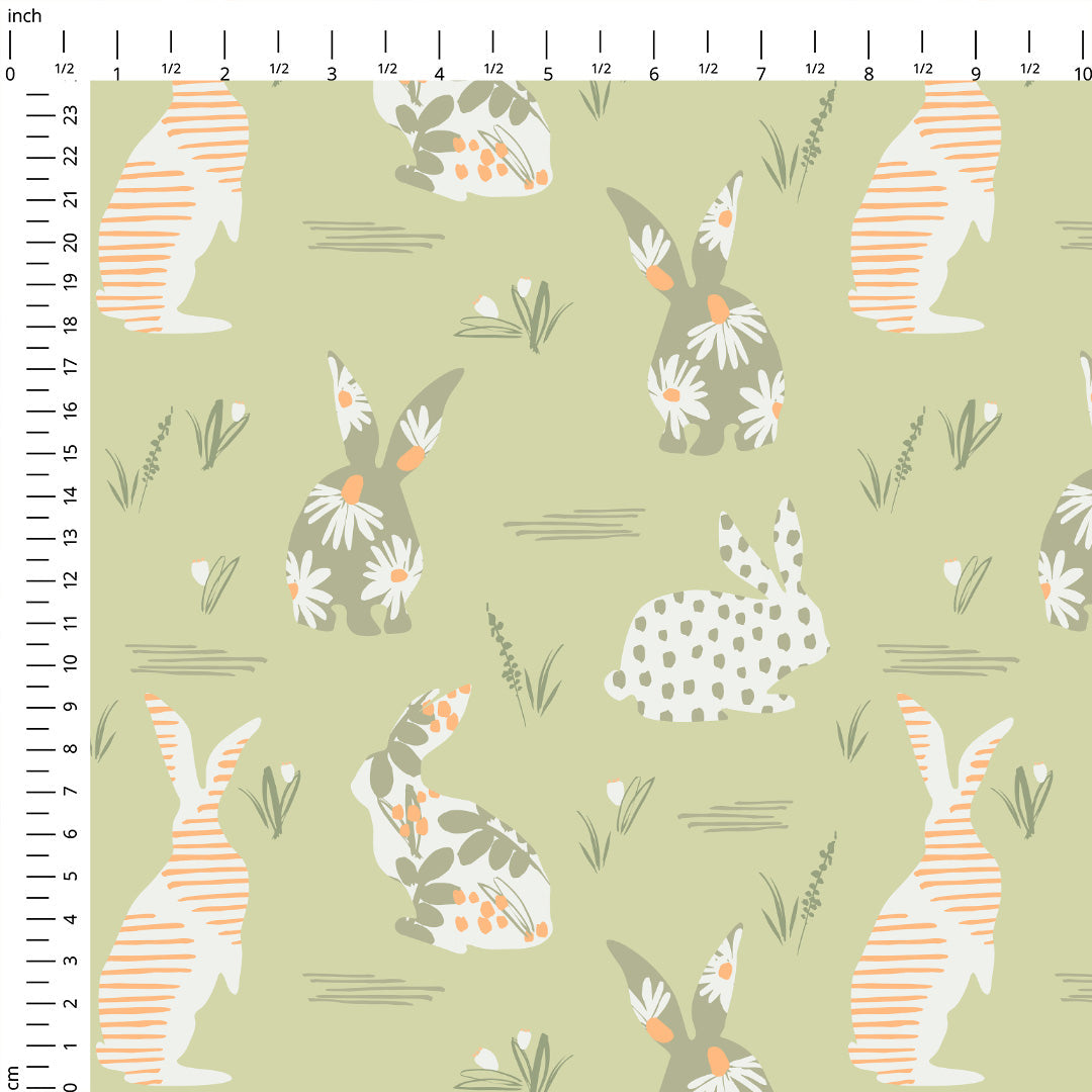 Floral Bunnies Green Fabric
