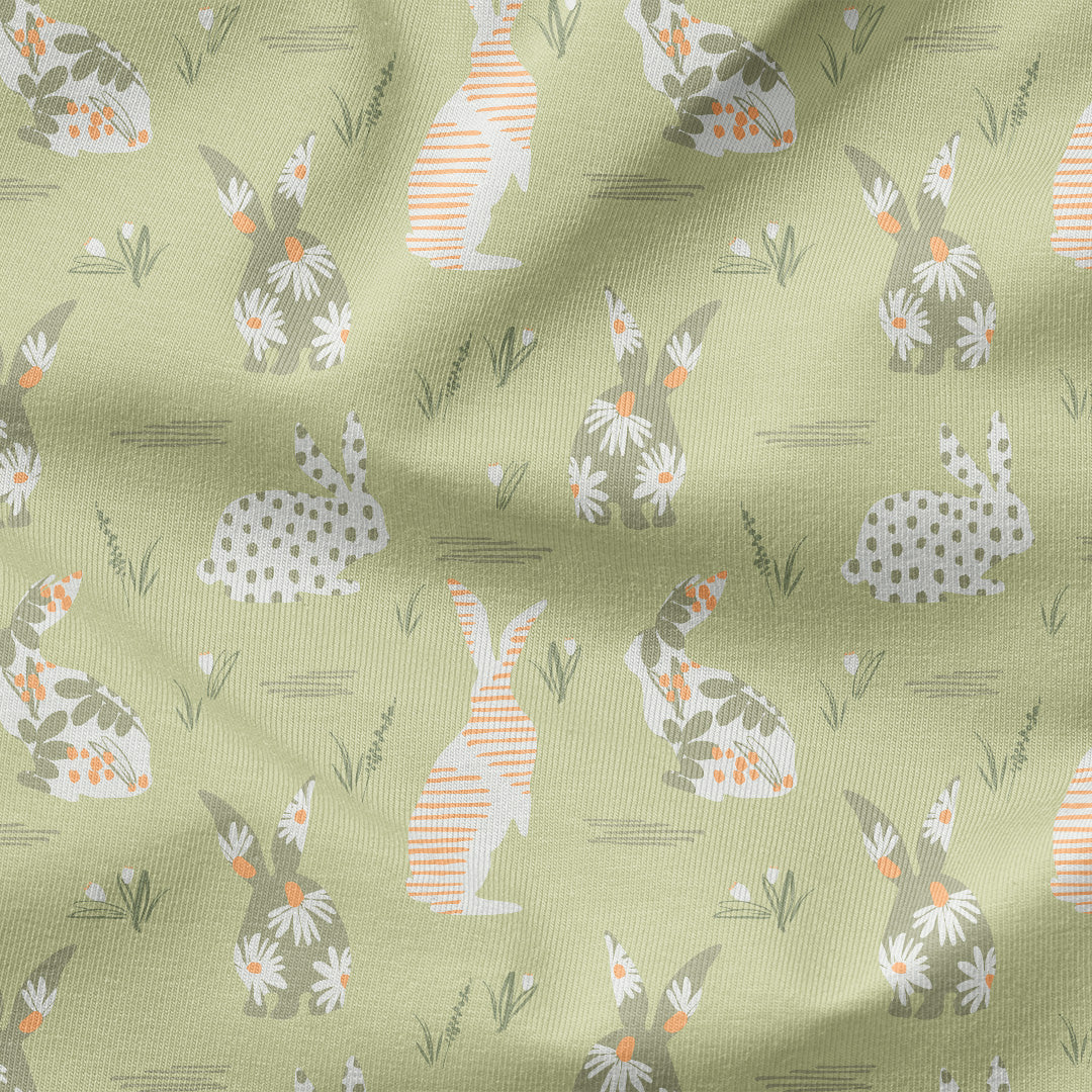 Floral Bunnies Green Fabric