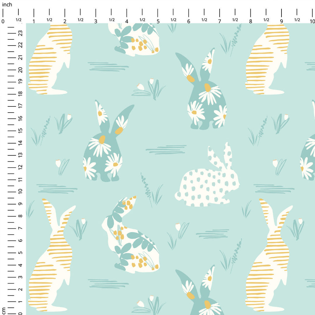 Floral Bunnies Mint Fabric