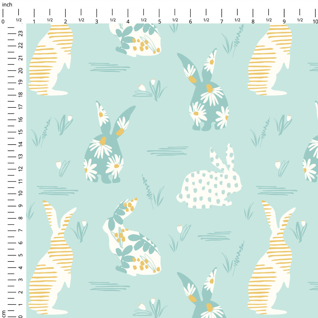 Floral Bunnies Mint Fabric