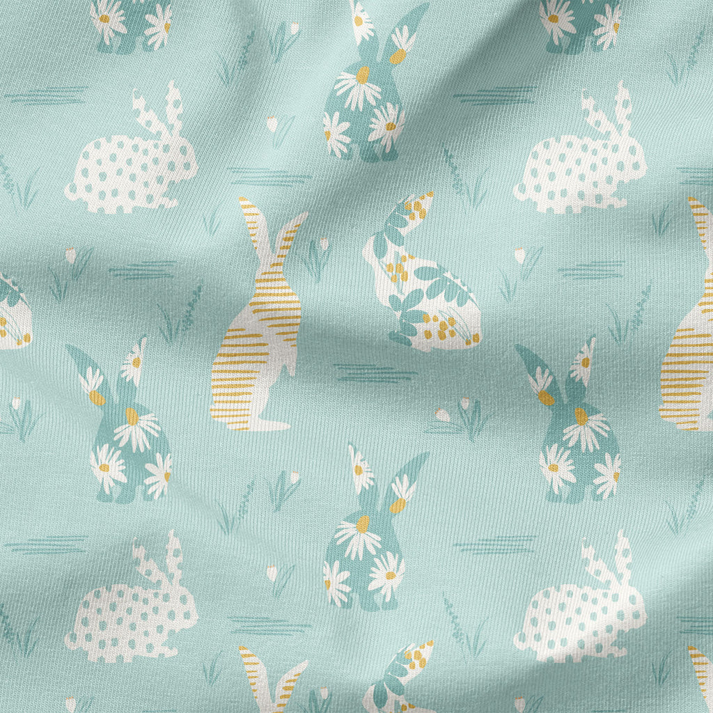 Floral Bunnies Mint Fabric
