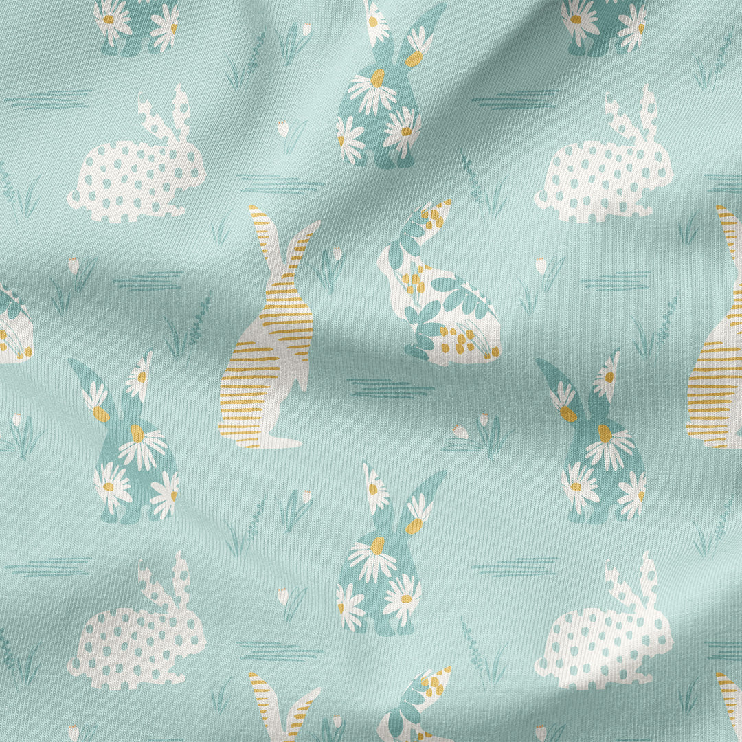 Floral Bunnies Mint Fabric