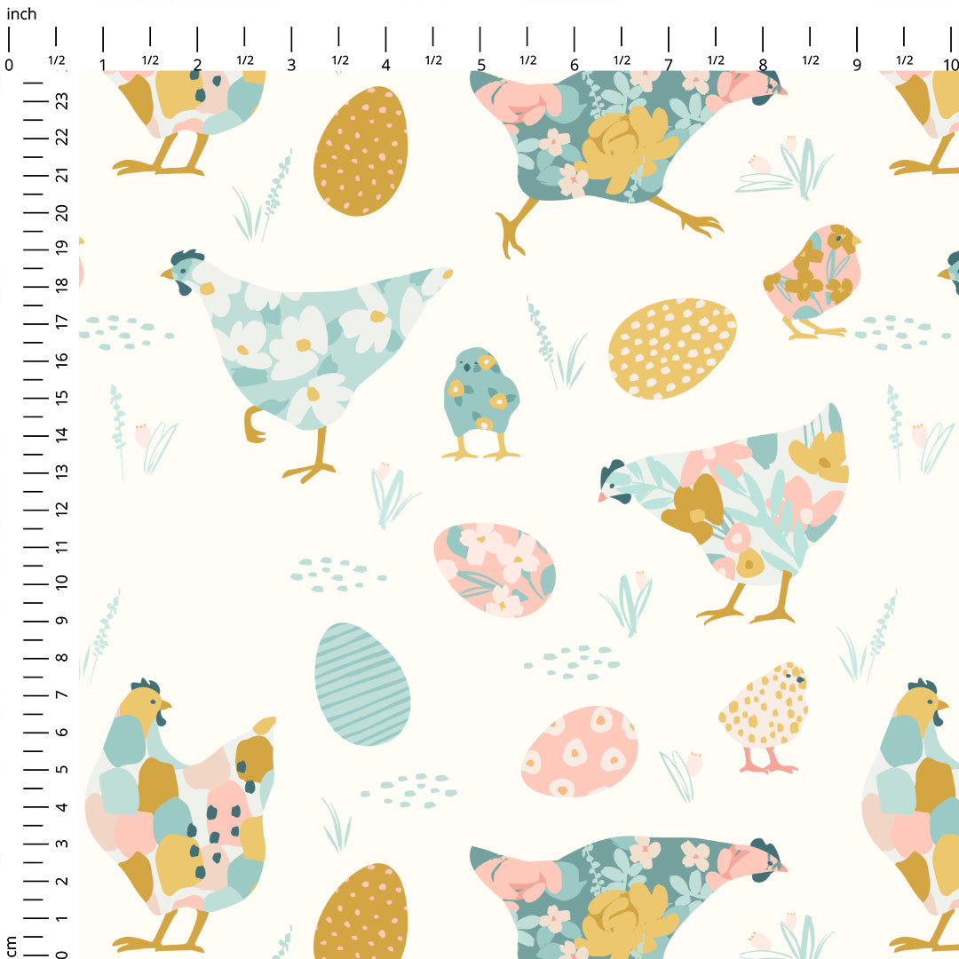 Floral Chickens Cream Fabric