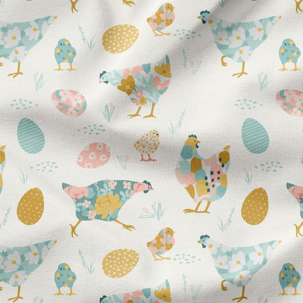 Floral Chickens Cream Fabric