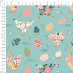 Floral Chickens Teal Fabric